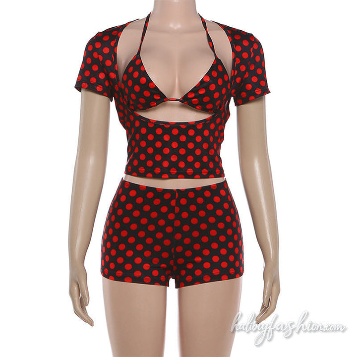 Polka dot short sleeve halter self tie pant set