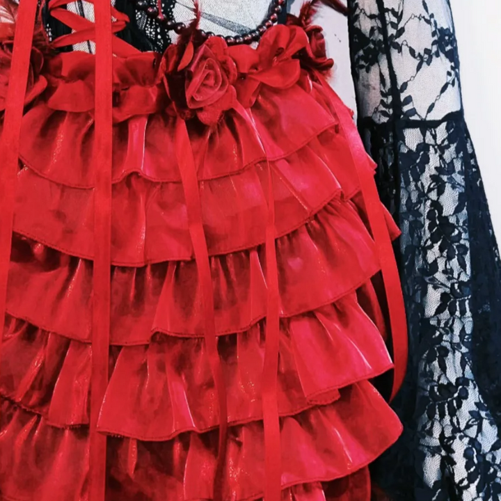 Long flared sleeve flower applique ruffle lace mini dress  | Festival Outfits Women