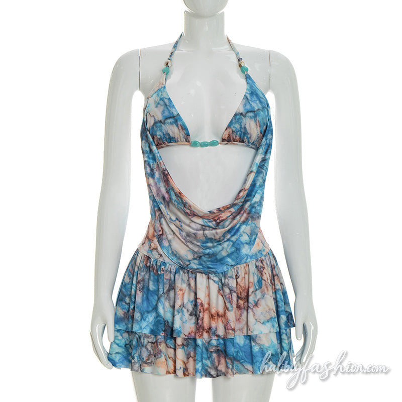 Halter self tie ruched print backless mini skirt set
