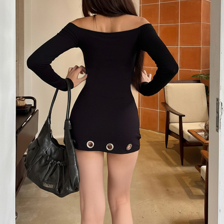 Off shoulder long sleeve hollow out cut out mini dress  | Festival Outfits Women