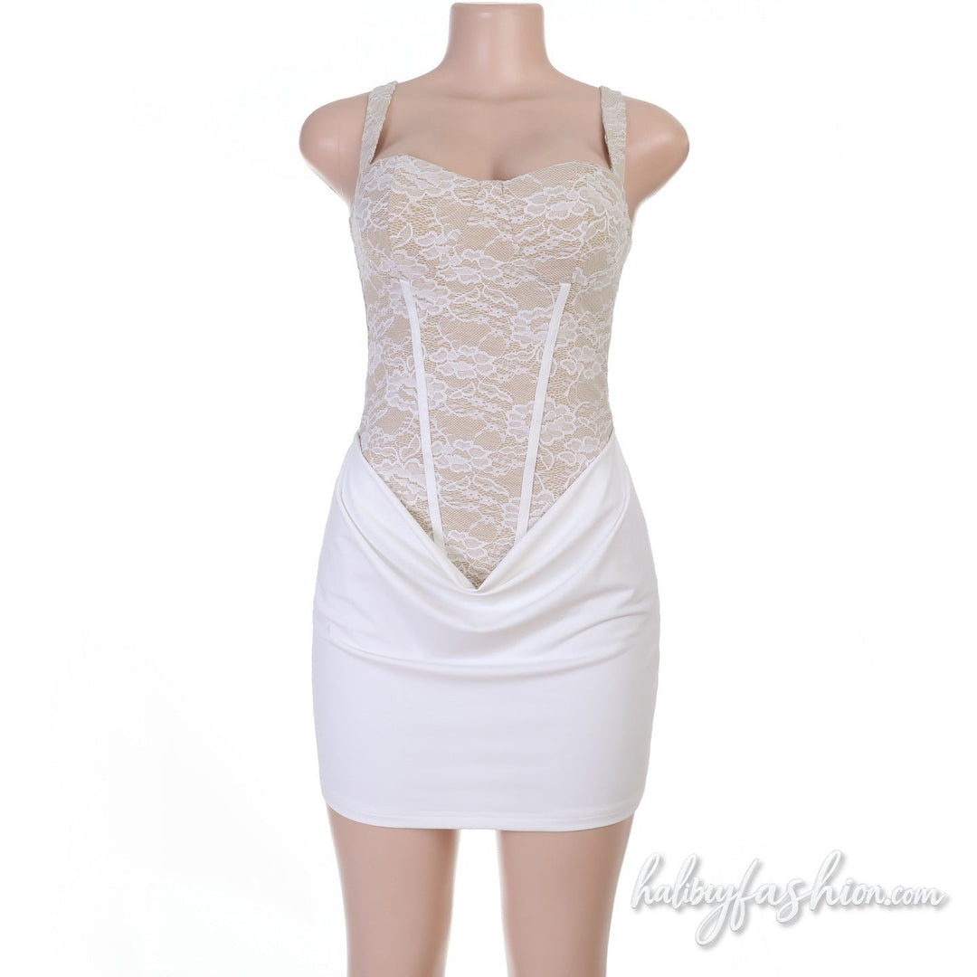 Lace patchwork backless o ring cami mini dress