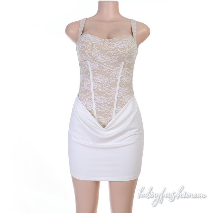 Lace patchwork backless o ring cami mini dress