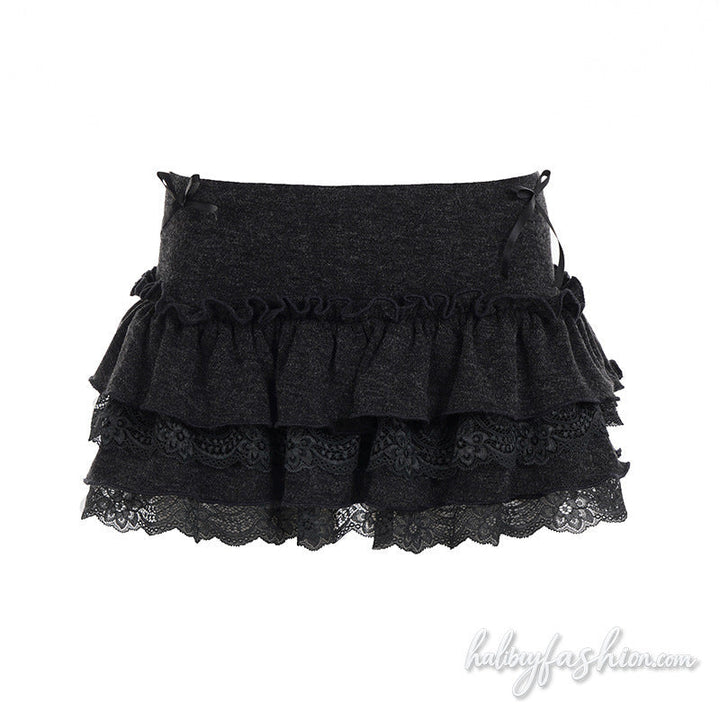 Ruffle bowknot lace hem A line mini skirt