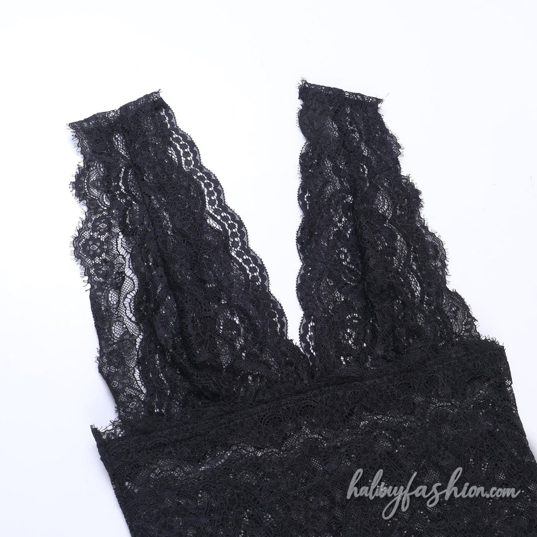 Lace v neck see through solid tank top