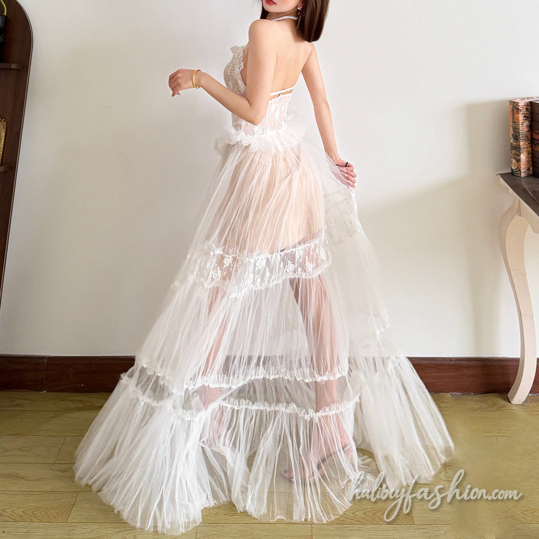 Mesh ruffle halter ruched backless maxi dress
