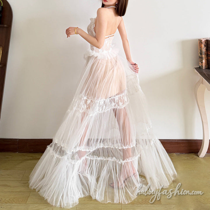 Mesh ruffle halter ruched backless maxi dress
