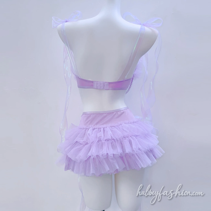 Beaded bowknot self tie ruched cami mini skirt set