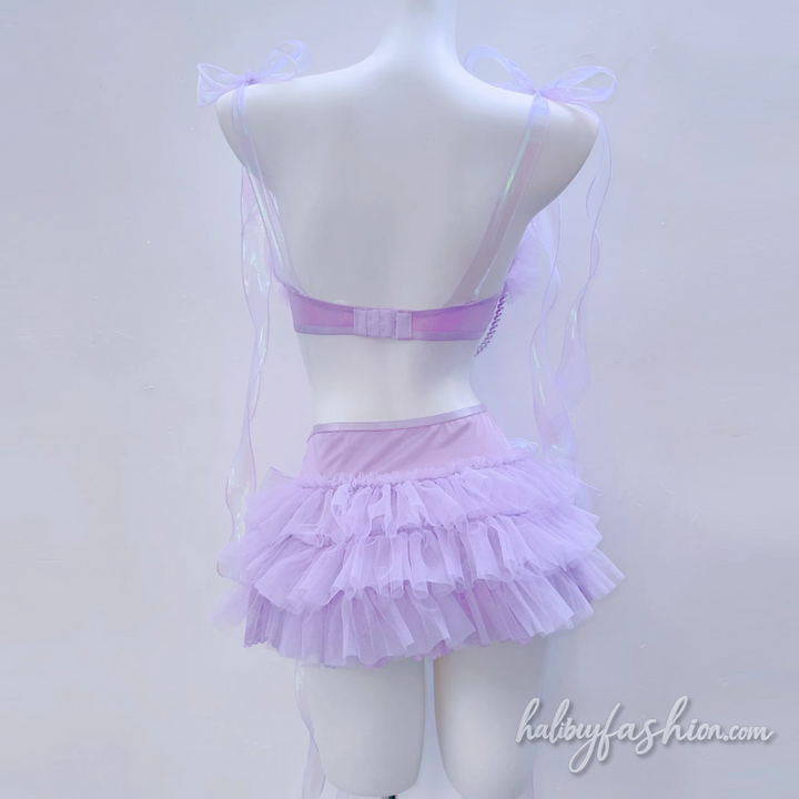 Beaded bowknot self tie ruched cami mini skirt set