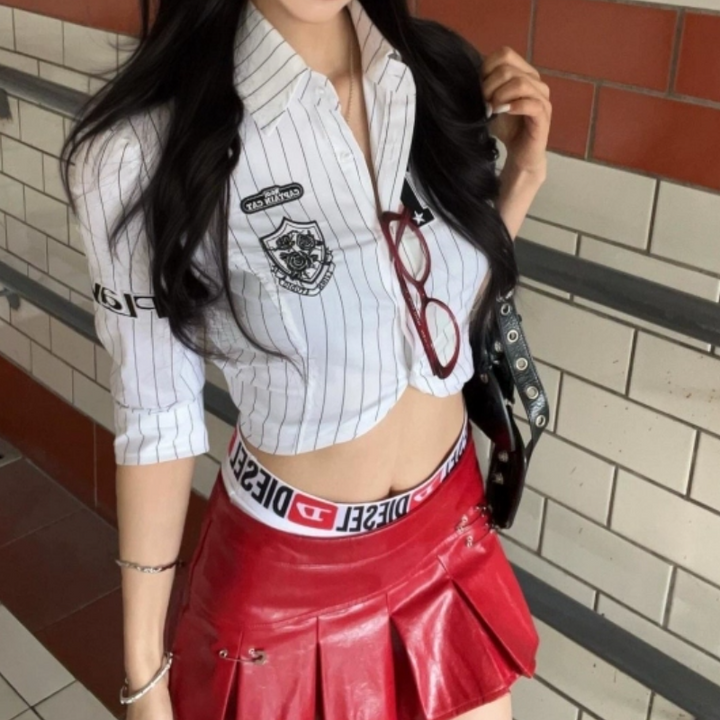 Striped print turnover collar PU leather pleated mini skirt set Cargo Mini Skirt  | Festival Outfits Women