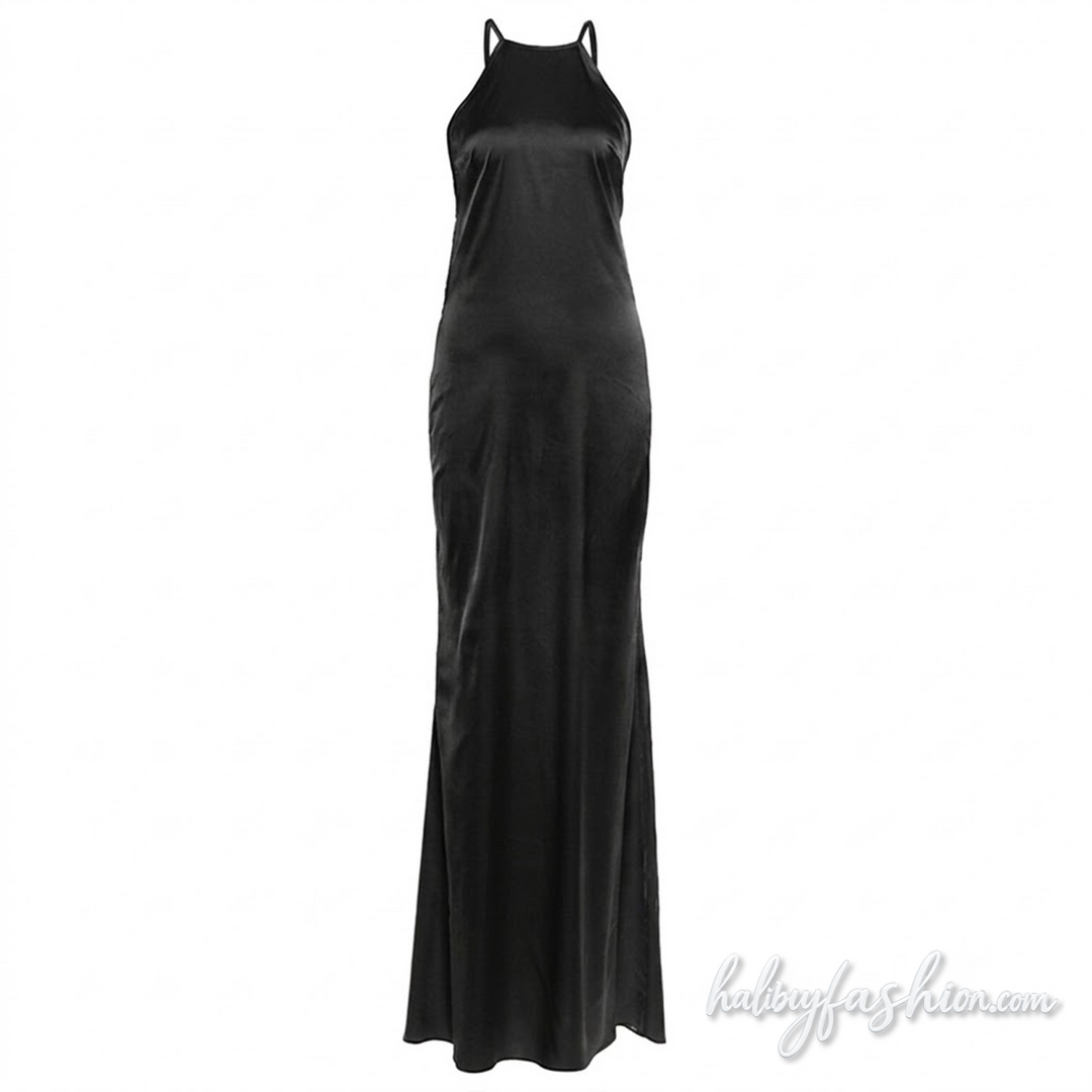 Crewneck backless beaded solid maxi dress