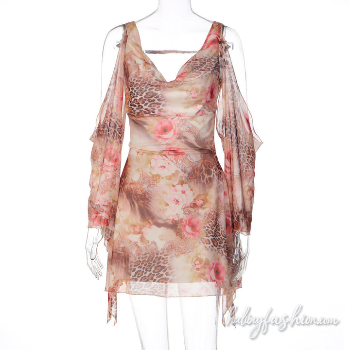 Cowl neck flower print long sleeve mesh mini dress - Halibuy - 2