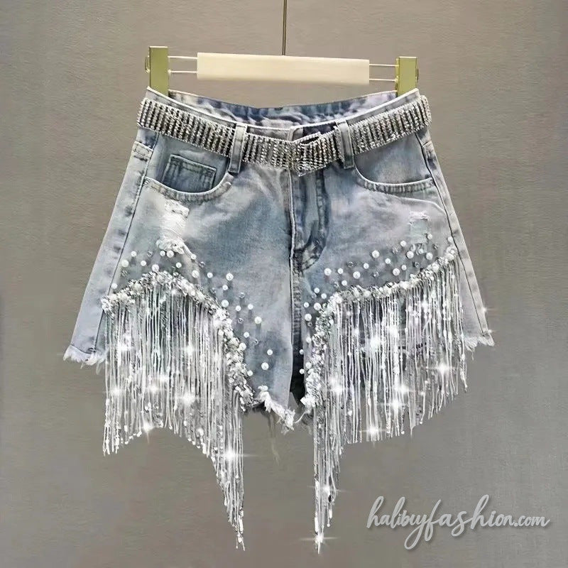 Raw hem tassels beaded ripped short jeans - Halibuy - 2