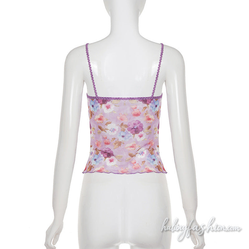 Lace hem v neck flower print mesh cami top