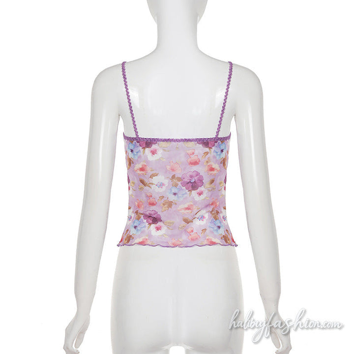 Lace hem v neck flower print mesh cami top