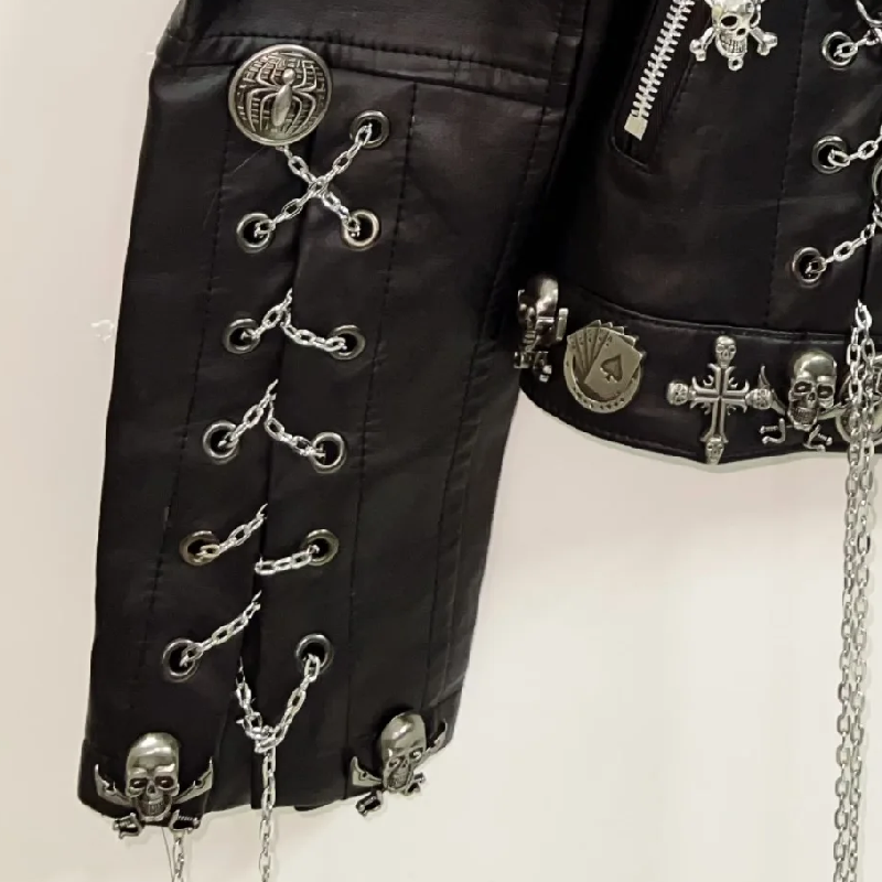 Long sleeve metal chain zip-up PU leather top  | Festival Outfits Women