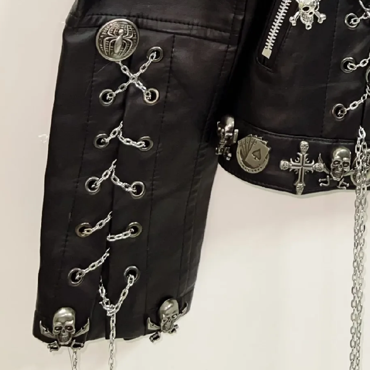 Long sleeve metal chain zip-up PU leather top  | Festival Outfits Women
