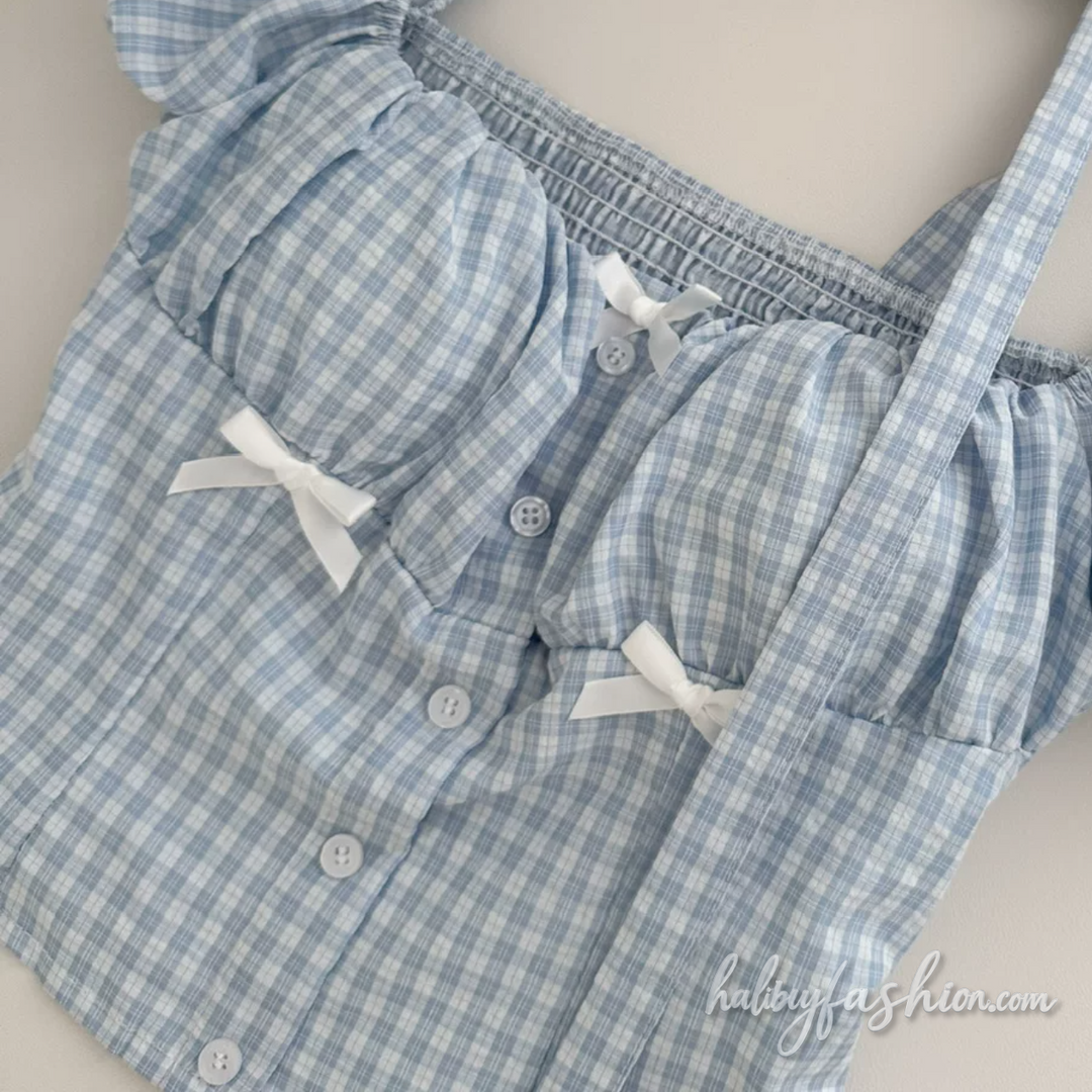 Bowknot plaid puff sleeve ruched square neck mini skirt set - Halibuy - 7