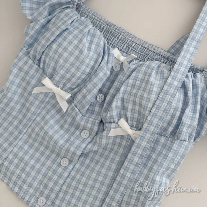 Bowknot plaid puff sleeve ruched square neck mini skirt set - Halibuy - 7