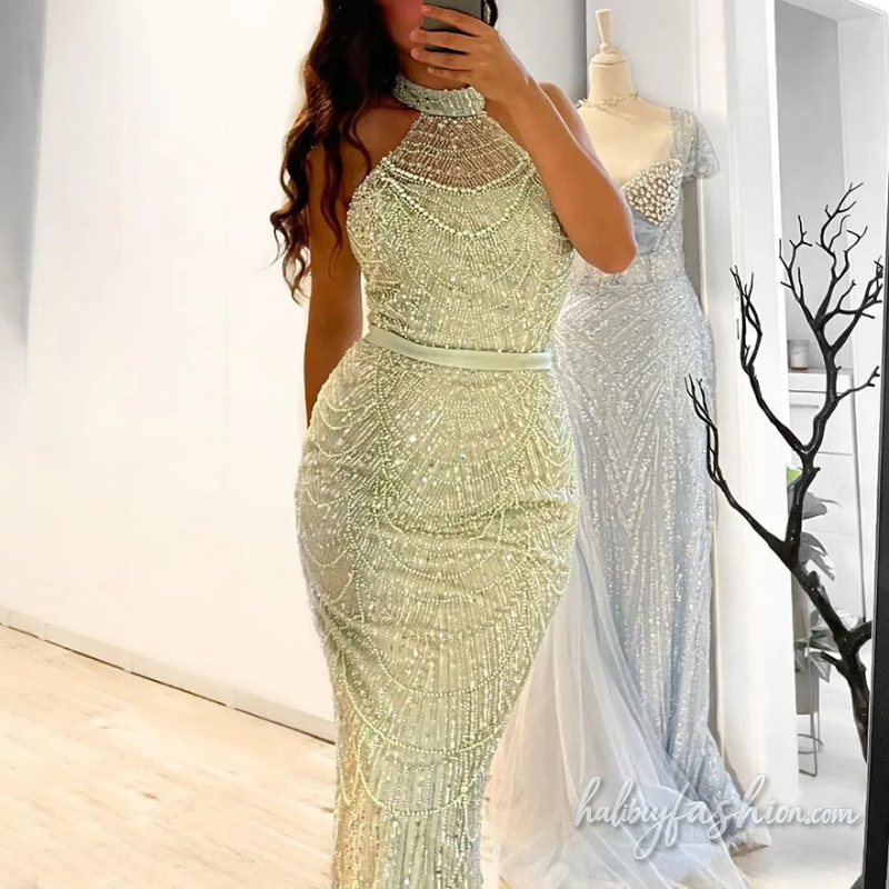 Halter beaded crewneck backless maxi dress - Halibuy