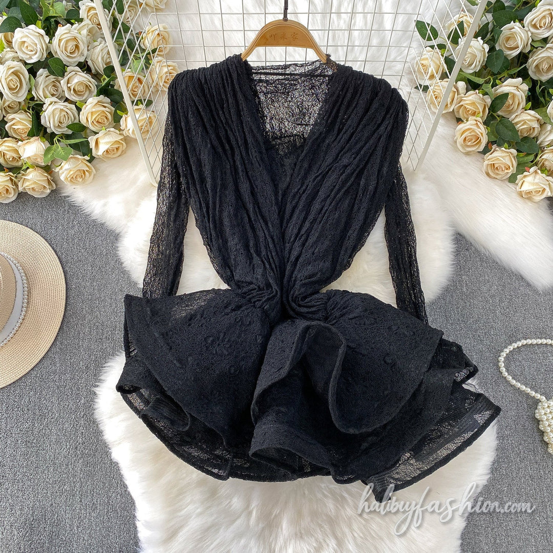 Long sleeve v neck ruffle 2 piece mini dress