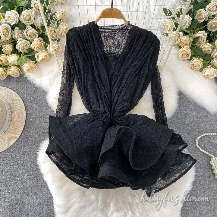 Long sleeve v neck ruffle 2 piece mini dress