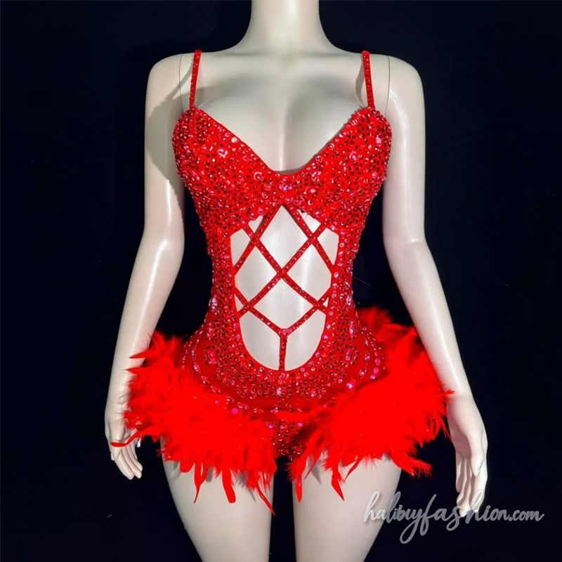 Hollow out beaded feather v neck cami romper