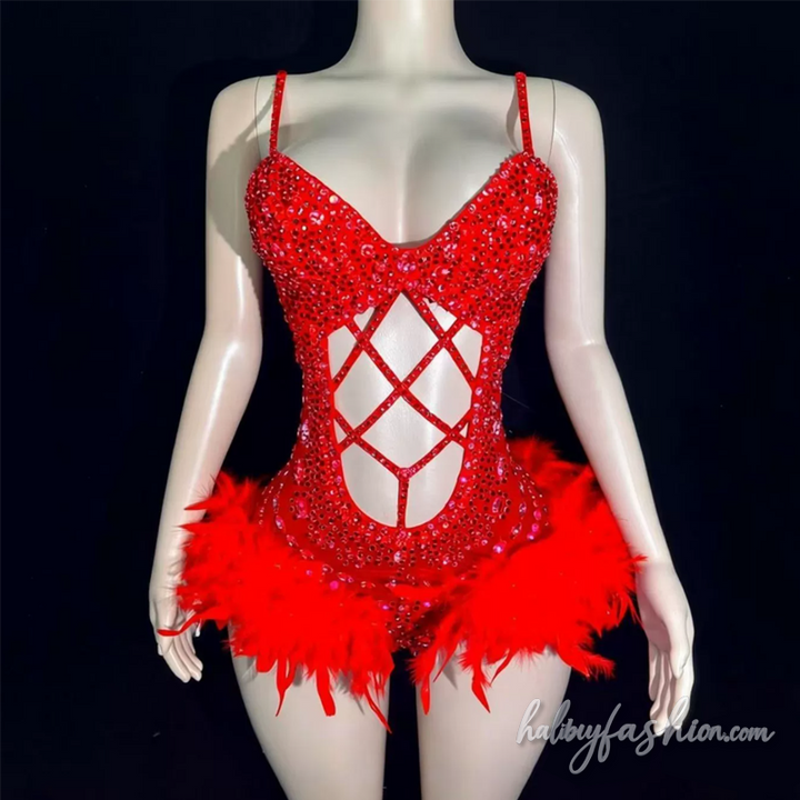 Hollow out beaded feather v neck cami romper