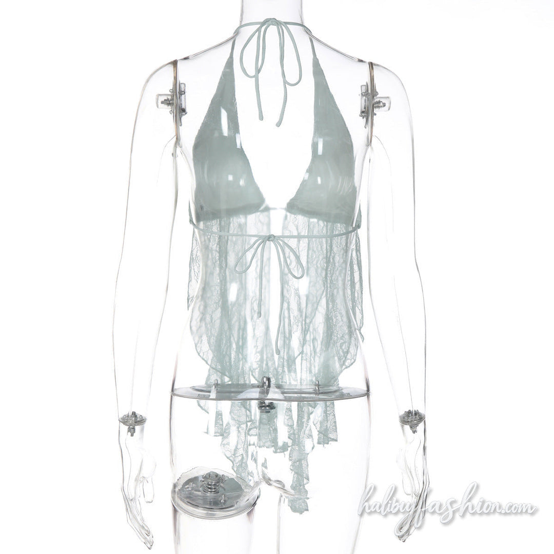 V neck self tie halter lace backless top - Halibuy - 4