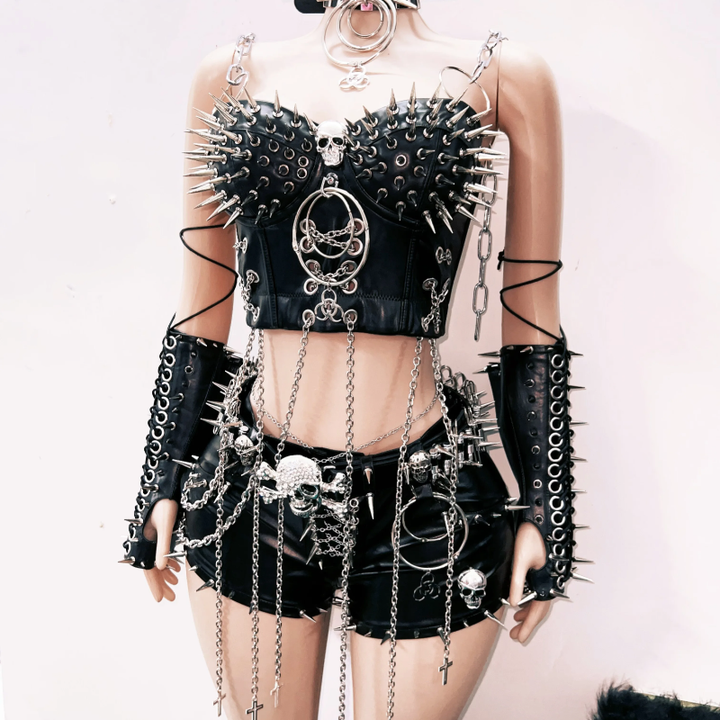 Metal chain skull applique rivet gloves cami top  | Festival Outfits Women