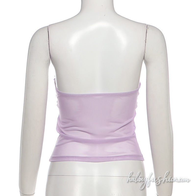 Mesh flower applique backless tube top