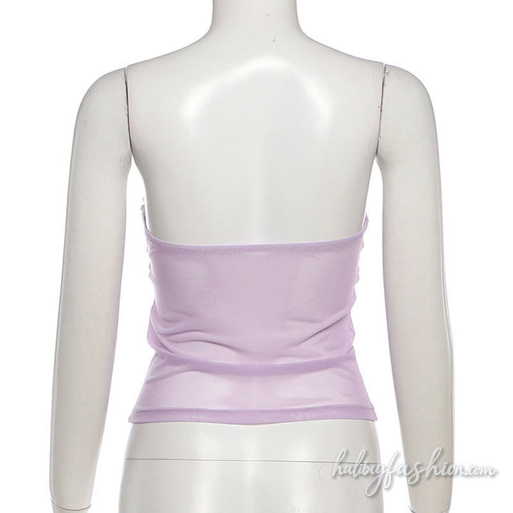 Mesh flower applique backless tube top