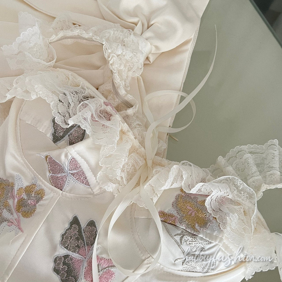 Lace hem butterfly embroidery irregular mini skirt set - Halibuy - 3