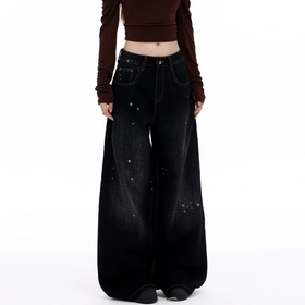 Doodle pattern button low rise straight leg | Baggy Low Rise Jeans  | Festival Outfits Women