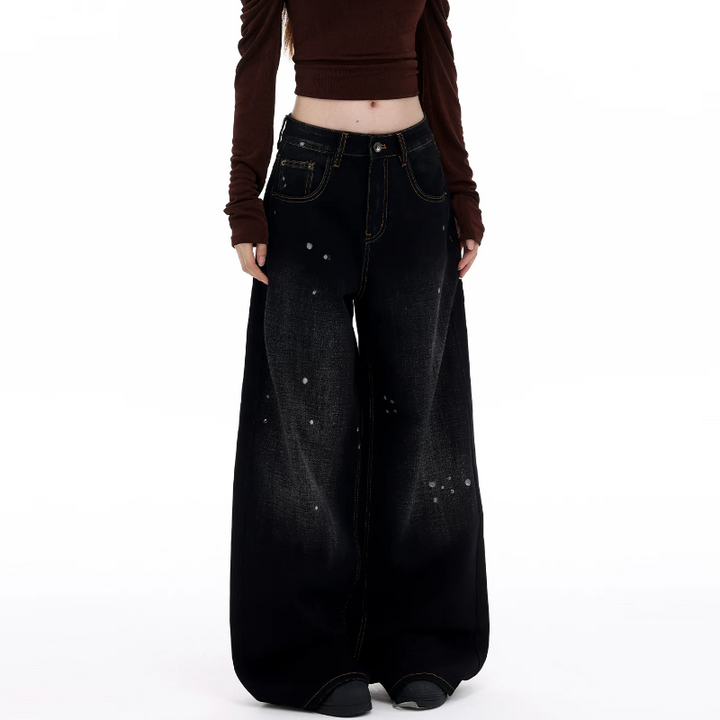 Doodle pattern button low rise straight leg | Baggy Low Rise Jeans