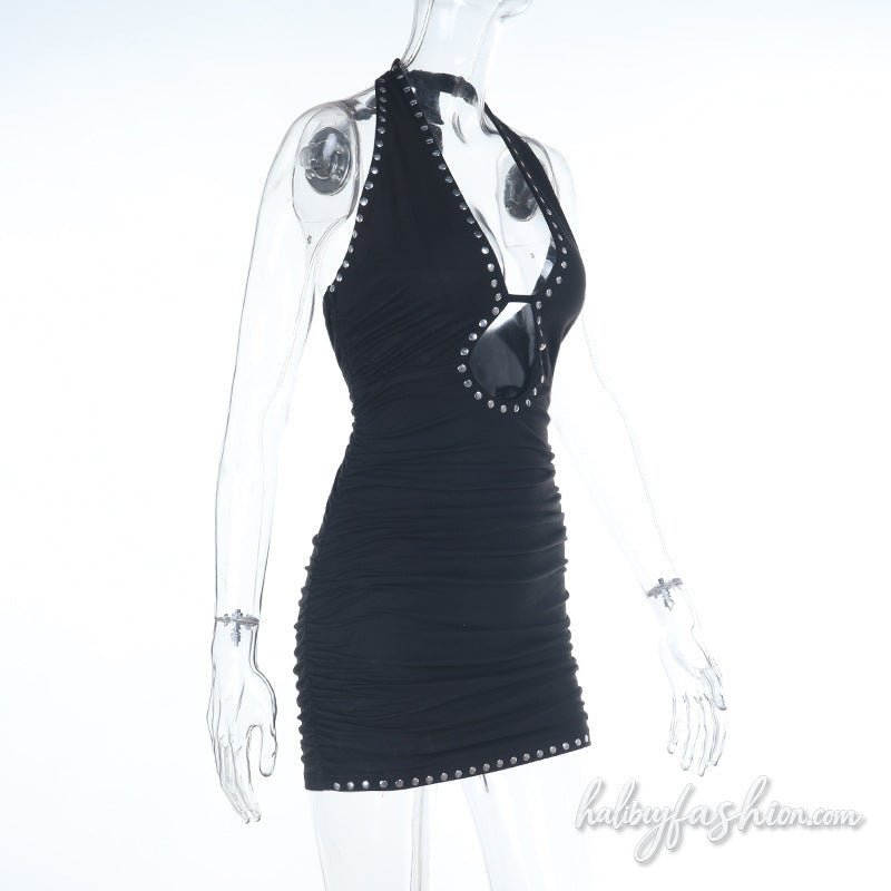 Halter self tie hollow out ruched mini dress