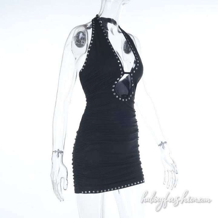 Halter self tie hollow out ruched mini dress