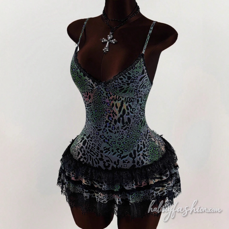 Leopard print lace hem v neck cami mini dress
