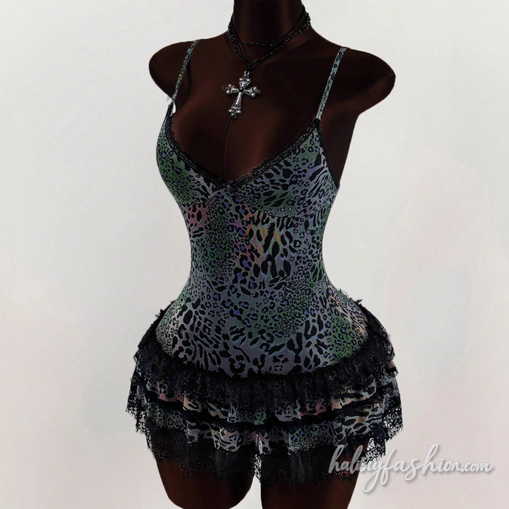 Leopard print lace hem v neck cami mini dress