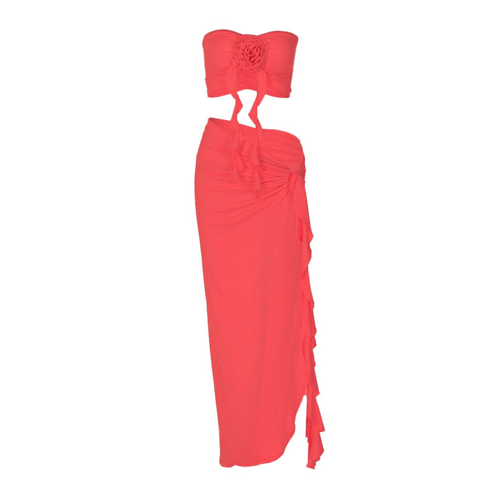 Flower applique ruffle high slit ruched tube skirt set  | Festival Outfits Women