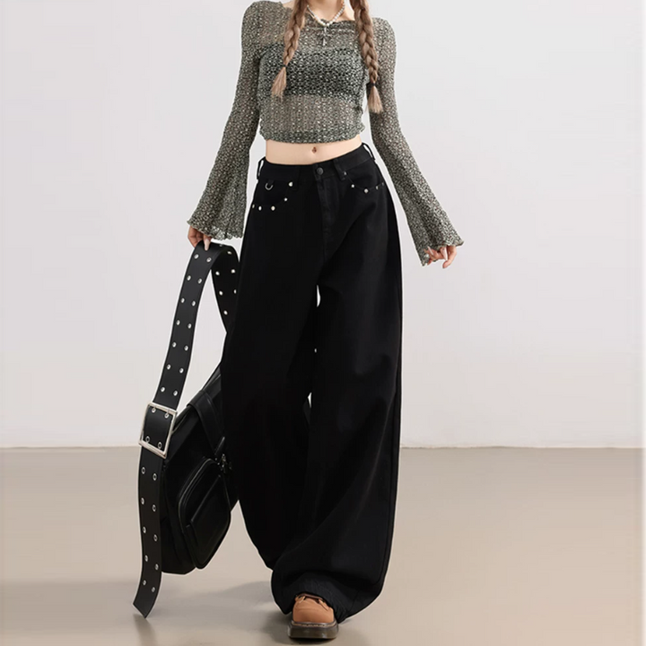 rivet pocket button low rise straight leg | Baggy Low Rise Jeans