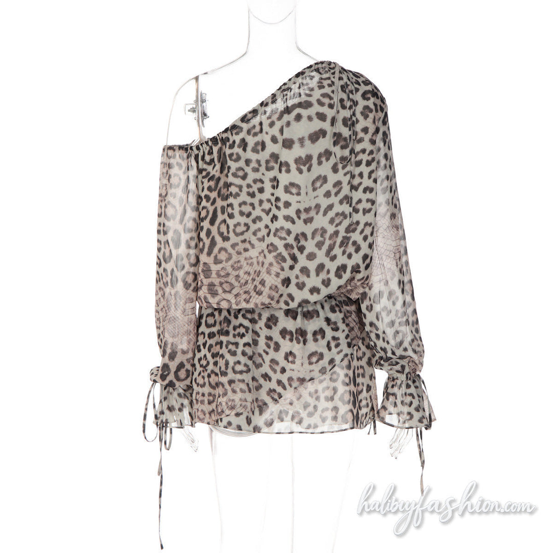 Leopard print long sleeve one shoulder chiffon mini dress - Halibuy - 4