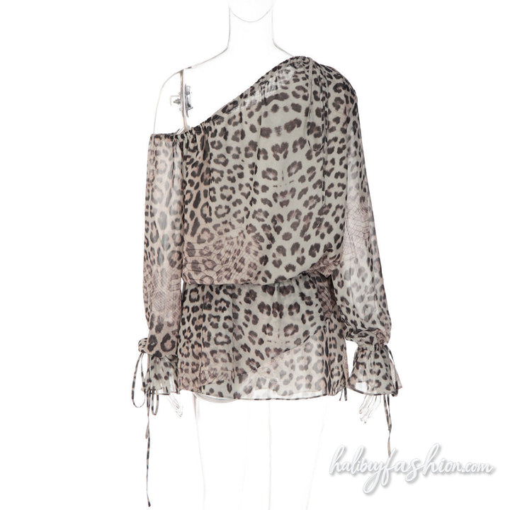 Leopard print long sleeve one shoulder chiffon mini dress - Halibuy - 4