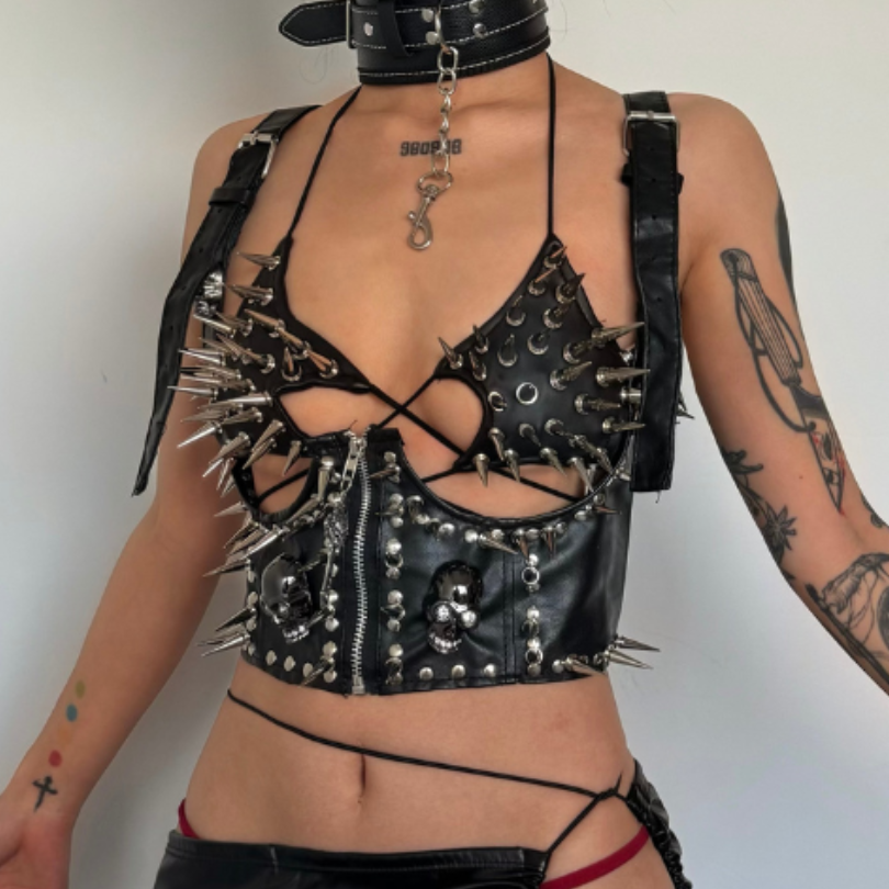 Halter self tie rivet backless crop top  | Festival Outfits Women
