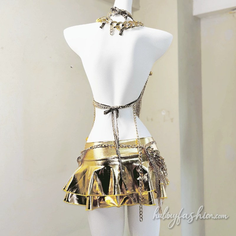 Halter self tie v neck metal chain backless top - Halibuy - 8