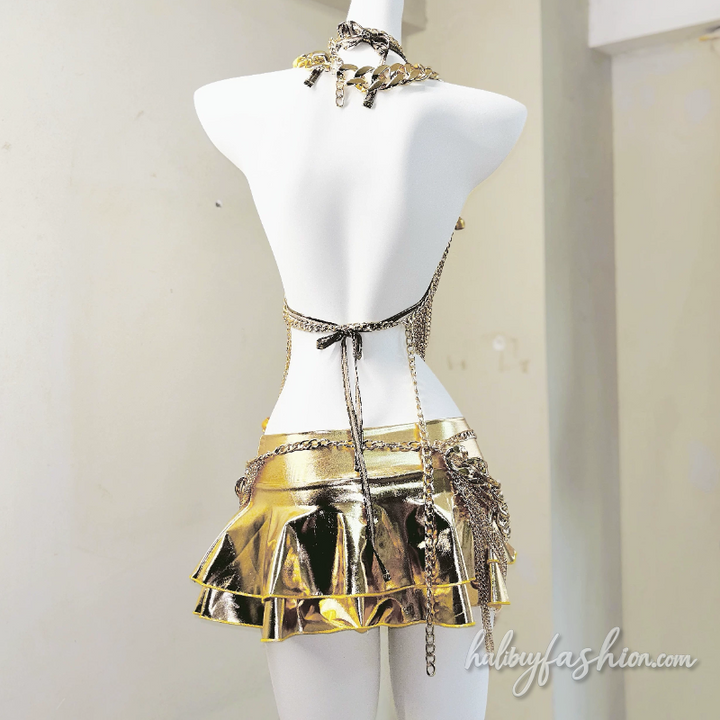 Halter self tie v neck metal chain backless top - Halibuy - 8