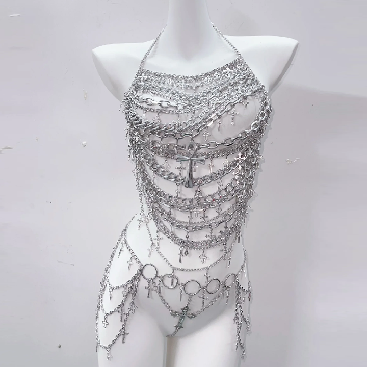 Metal chain cross applique hollow out backless waist chain cut out set  | Festival Outfits Women