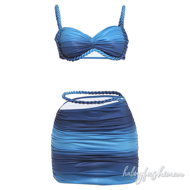 Ruched v neck gradient hollow out cami mini skirt set
