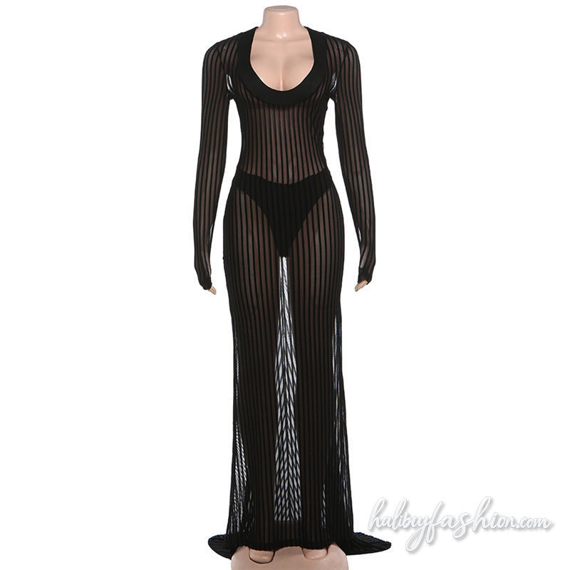 Long sleeve striped u neck mesh solid maxi dress