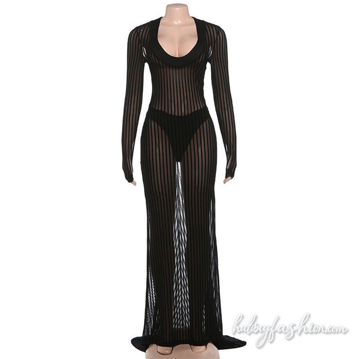 Long sleeve striped u neck mesh solid maxi dress