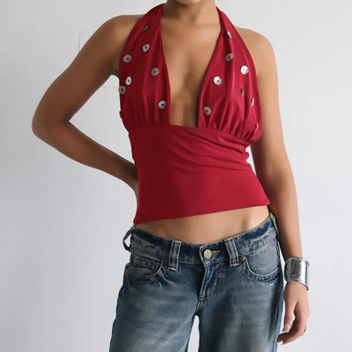 Self tie halter button applique backless top